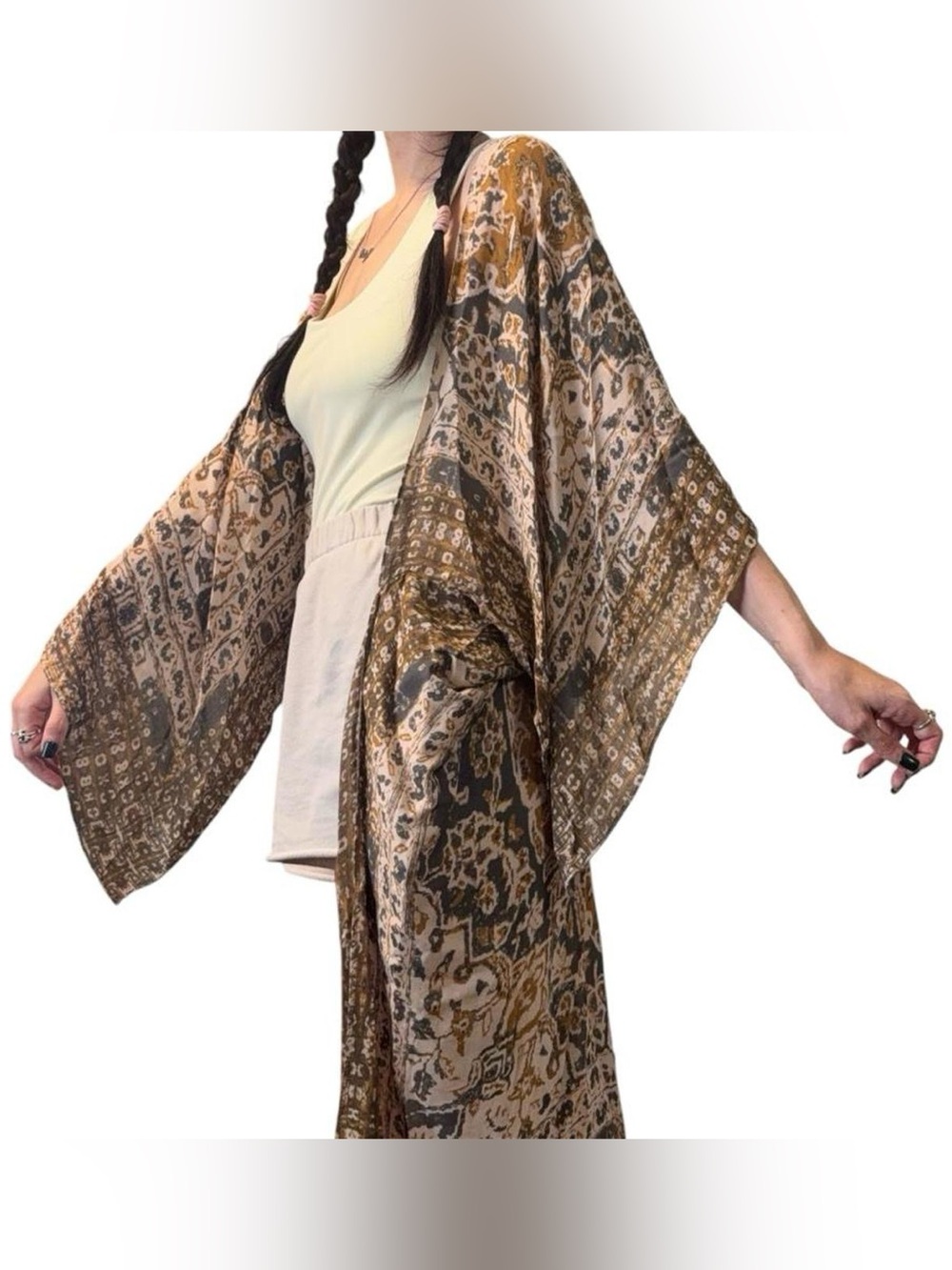 Nicole Miller NY oversized tan gray boho shawl shrug kimono boho festival beachy